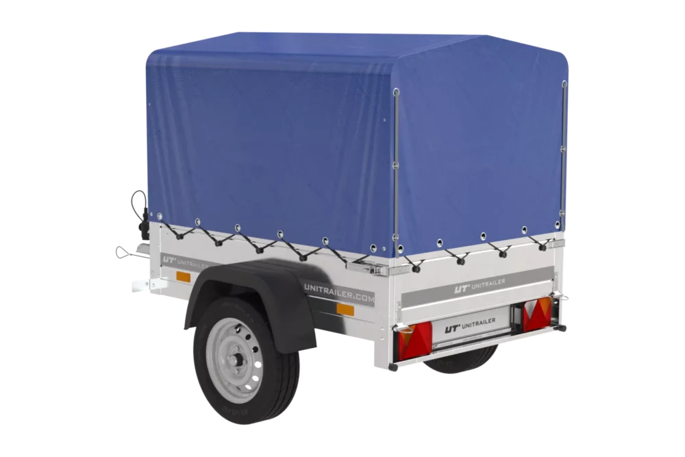Anhänger 150 KIPP 150×106 cm [mit blauer Hochplane, Hochspriegel und Stützrad]-Neu