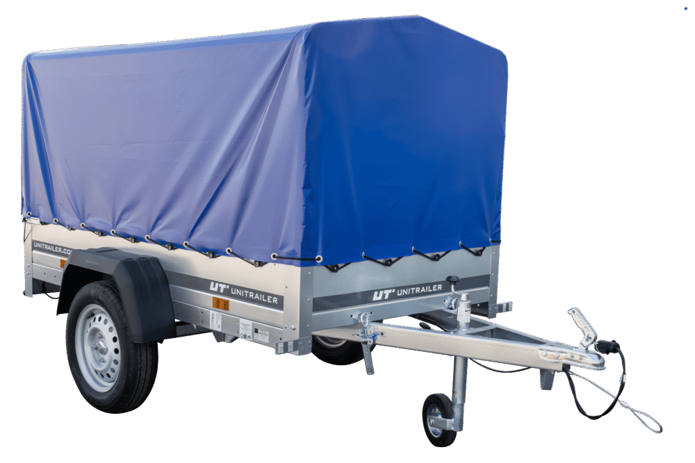 Anhänger Garden Trailer 200 KIPP 200×106 cm 750 kg [mit Hochspriegel, blauer Hochplane und Stützrad]-Neu
