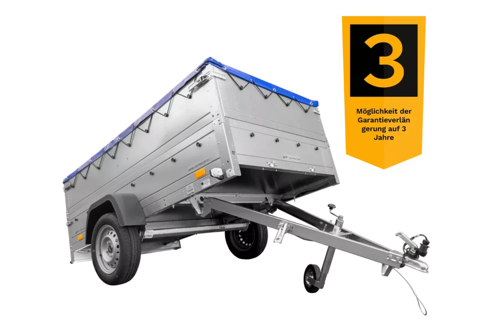 Anhänger mit faltbarer Deichsel Garden Trailer 230 KIPP mit zusätzlichen Bordwänden, Stützrad und blauer Flachplane-Neu