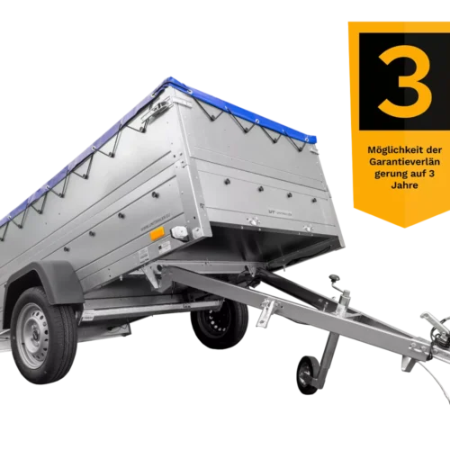 Anhänger mit faltbarer Deichsel Garden Trailer 230 KIPP mit zusätzlichen Bordwänden, Stützrad und blauer Flachplane-Neu