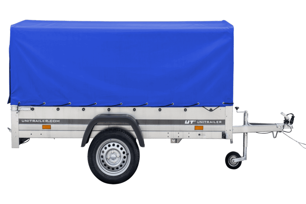 Auto Anhänger 230×125 Garden Trailer 230 KIPP Unitrailer 750 kg mit Stützrad, blauer Hochplane und Hochspriegel-Neu