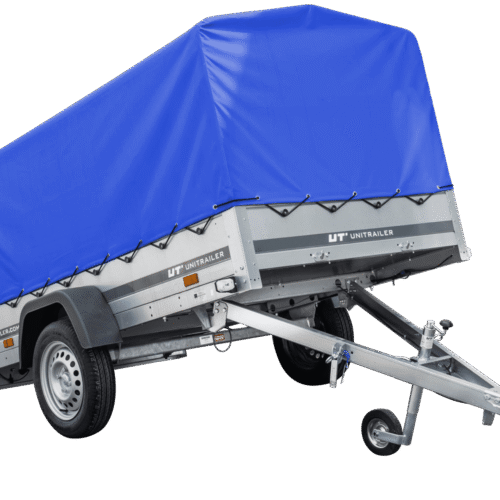 Auto Anhänger 230×125 Garden Trailer 230 KIPP Unitrailer 750 kg mit Stützrad, blauer Hochplane und Hochspriegel-Neu