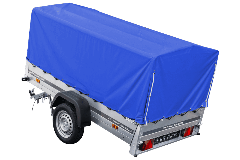 Auto Anhänger 230×125 Garden Trailer 230 KIPP Unitrailer 750 kg mit Stützrad, blauer Hochplane und Hochspriegel-Neu