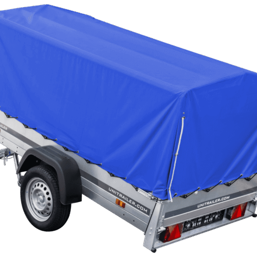 Auto Anhänger 230×125 Garden Trailer 230 KIPP Unitrailer 750 kg mit Stützrad, blauer Hochplane und Hochspriegel-Neu