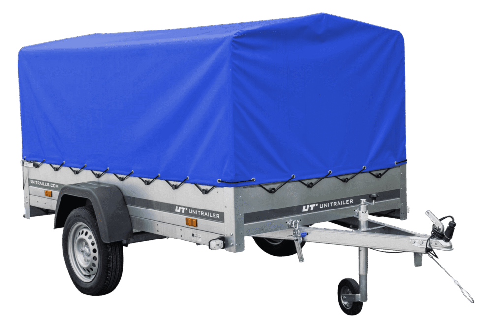 Auto Anhänger 230×125 Garden Trailer 230 KIPP Unitrailer 750 kg mit Stützrad, blauer Hochplane und Hochspriegel-Neu