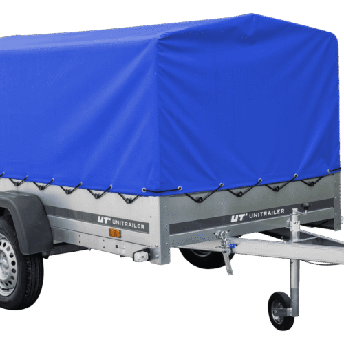 Auto Anhänger 230×125 Garden Trailer 230 KIPP Unitrailer 750 kg mit Stützrad, blauer Hochplane und Hochspriegel-Neu