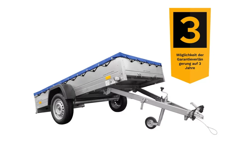 Einachs-tieflader Garden Trailer 264 Kipp Mit Stützrad, Querstreben Und Blauer Flachplane-Neu2 Einachs-tieflader Garden Trailer 264 Kipp Mit Stützrad, Querstreben Und Blauer Flachplane-Neu