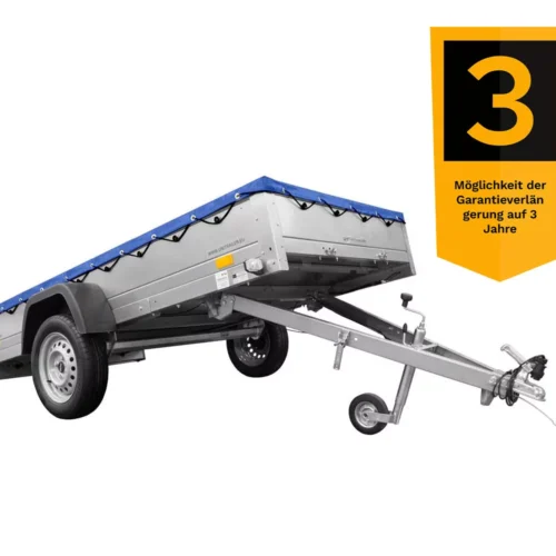 Einachs-tieflader Garden Trailer 264 Kipp Mit Stützrad, Querstreben Und Blauer Flachplane-Neu2 Einachs-tieflader Garden Trailer 264 Kipp Mit Stützrad, Querstreben Und Blauer Flachplane-Neu