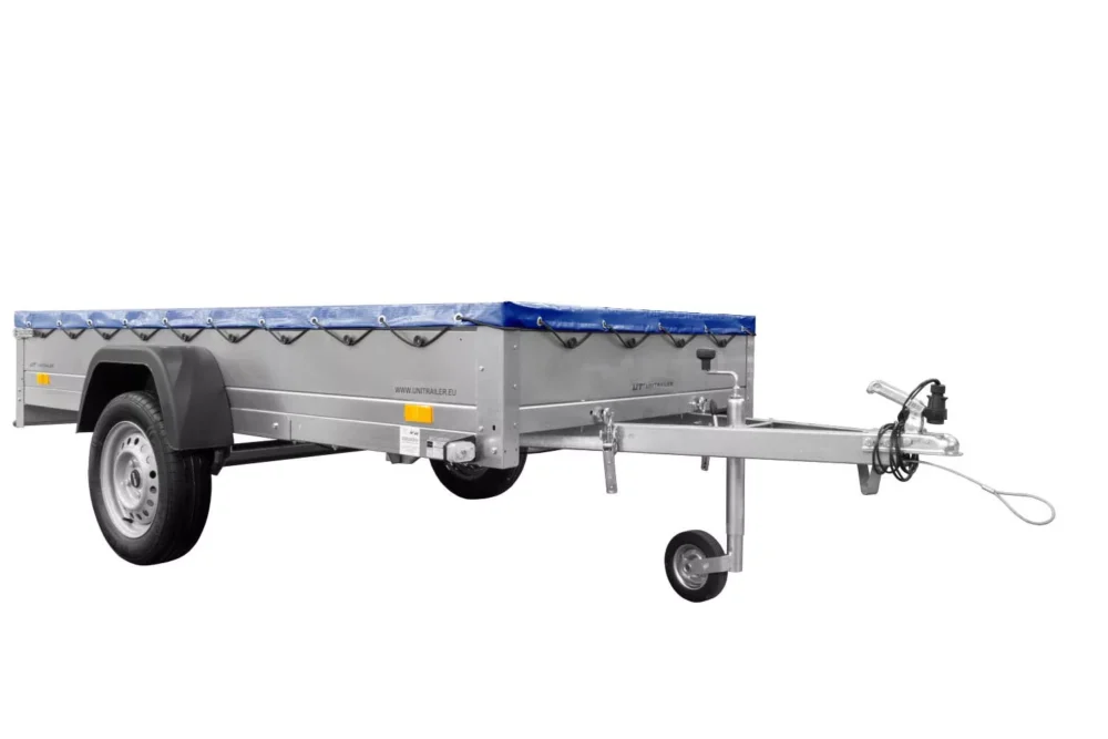 Einachs-tieflader Garden Trailer 264 Kipp Mit Stützrad, Querstreben Und Blauer Flachplane-Neu3 Einachs-tieflader Garden Trailer 264 Kipp Mit Stützrad, Querstreben Und Blauer Flachplane-Neu