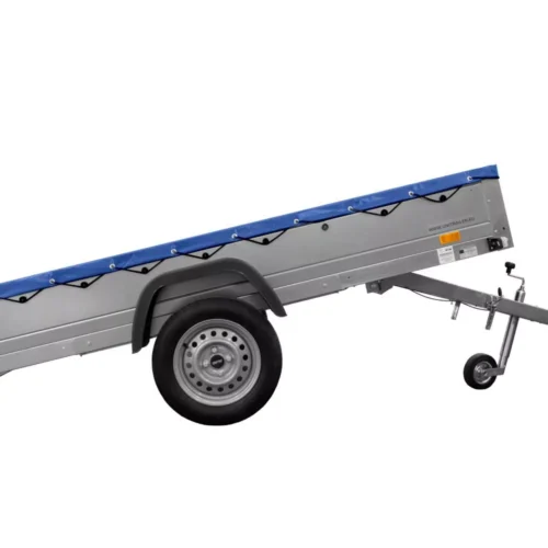 Einachs-tieflader Garden Trailer 264 Kipp Mit Stützrad, Querstreben Und Blauer Flachplane-Neu4 Einachs-tieflader Garden Trailer 264 Kipp Mit Stützrad, Querstreben Und Blauer Flachplane-Neu