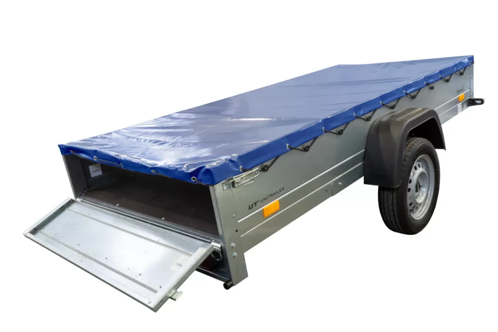 Einachs-tieflader Garden Trailer 264 Kipp Mit Stützrad, Querstreben Und Blauer Flachplane-Neu6 Einachs-tieflader Garden Trailer 264 Kipp Mit Stützrad, Querstreben Und Blauer Flachplane-Neu