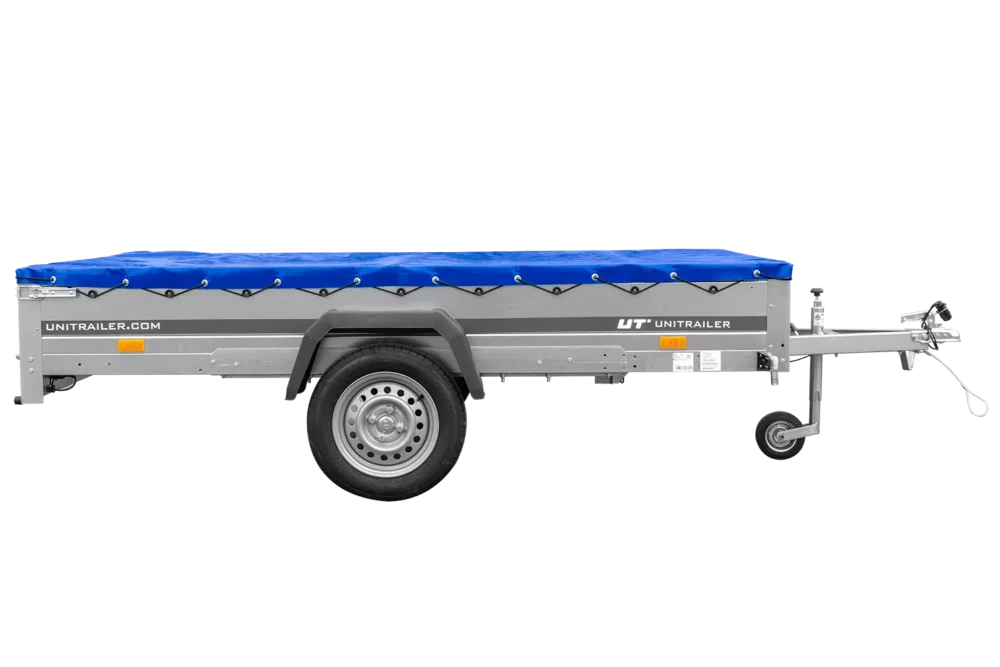 Einachsanhänger 264×150 UNITRAILER GARDEN 265 KIPP mit einem Flachplanenträger und blauer Plane-Neu4 Einachsanhänger 264×150 UNITRAILER GARDEN 265 KIPP mit einem Flachplanenträger und blauer Plane-Neu