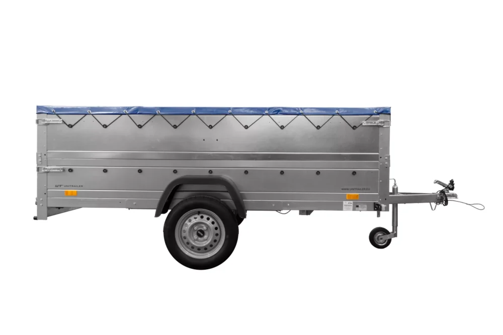 Großer Anhänger 750 kg Garden Trailer 264 KIPP mit Bordwandaufsatz [zusätzliche 40 cm], Stützrad und blauer Flachplane-Neu