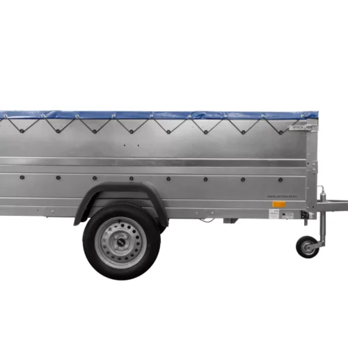 Großer Anhänger 750 kg Garden Trailer 264 KIPP mit Bordwandaufsatz [zusätzliche 40 cm], Stützrad und blauer Flachplane-Neu