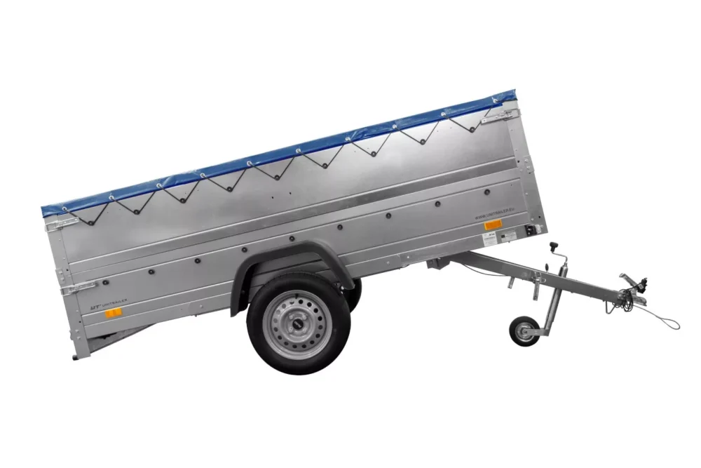 Großer Anhänger 750 kg Garden Trailer 264 KIPP mit Bordwandaufsatz [zusätzliche 40 cm], Stützrad und blauer Flachplane-Neu