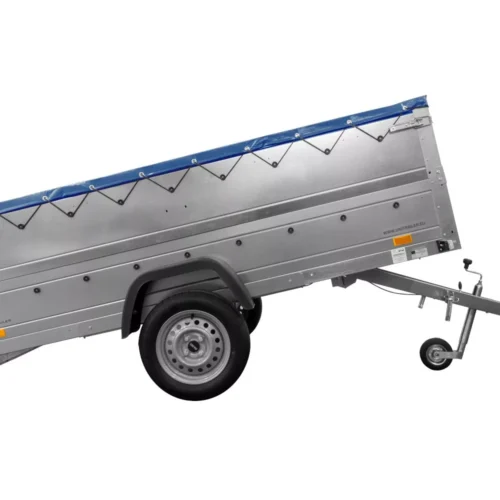Großer Anhänger 750 kg Garden Trailer 264 KIPP mit Bordwandaufsatz [zusätzliche 40 cm], Stützrad und blauer Flachplane-Neu