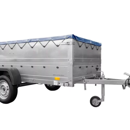 Großer Anhänger 750 kg Garden Trailer 264 KIPP mit Bordwandaufsatz [zusätzliche 40 cm], Stützrad und blauer Flachplane-Neu