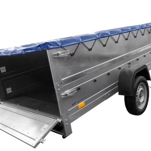 Großer Anhänger 750 kg Garden Trailer 264 KIPP mit Bordwandaufsatz [zusätzliche 40 cm], Stützrad und blauer Flachplane-Neu