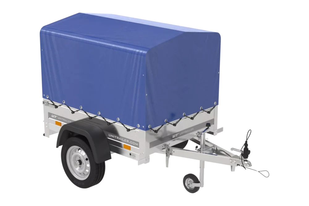 Anhänger 150 KIPP 150×106 cm [mit blauer Hochplane, Hochspriegel und Stützrad]-Neu