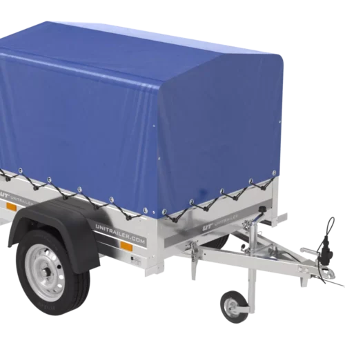 Anhänger 150 KIPP 150×106 cm [mit blauer Hochplane, Hochspriegel und Stützrad]-Neu