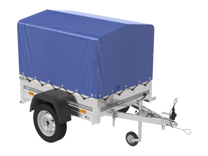 Anhänger 150 KIPP 150×106 cm [mit blauer Hochplane, Hochspriegel und Stützrad]-Neu