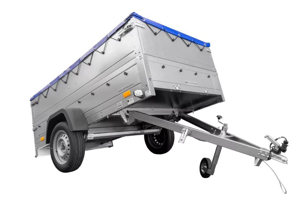 Anhänger mit faltbarer Deichsel Garden Trailer 230 KIPP mit zusätzlichen Bordwänden, Stützrad und blauer Flachplane-Neu