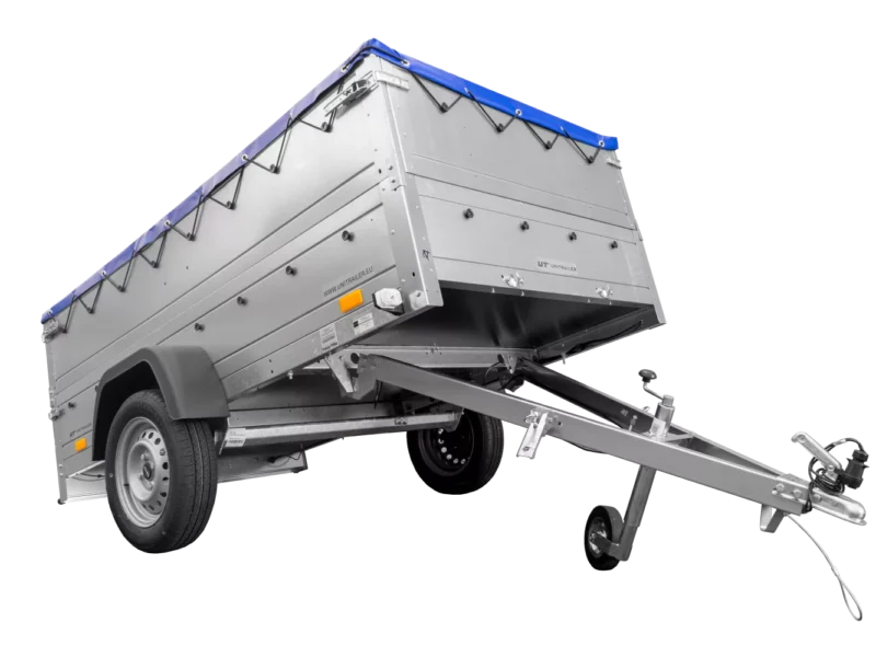 Anhänger mit faltbarer Deichsel Garden Trailer 230 KIPP mit zusätzlichen Bordwänden, Stützrad und blauer Flachplane-Neu