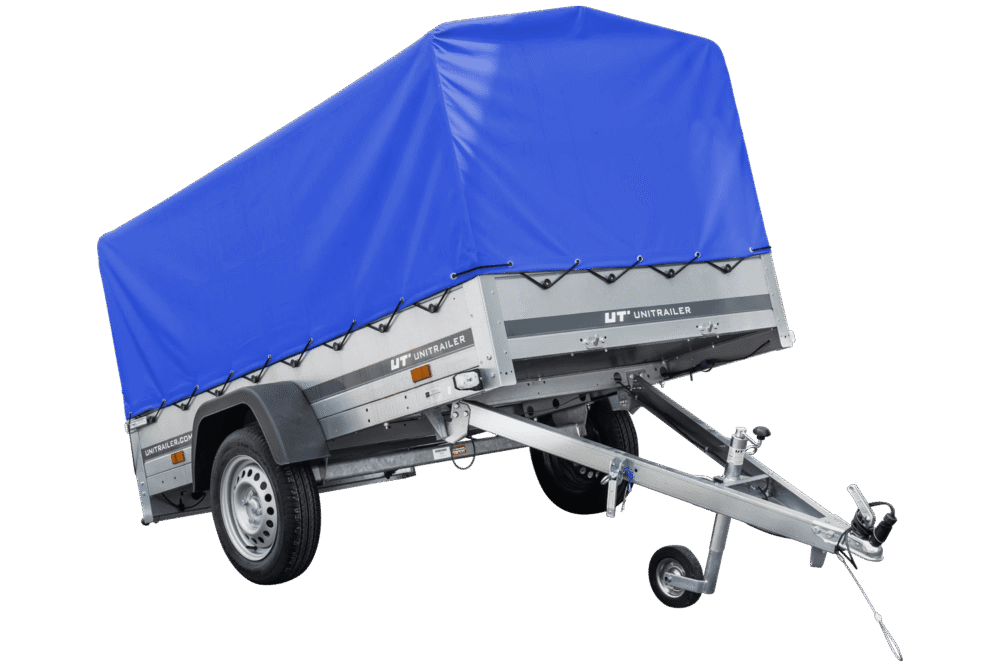 Auto Anhänger 230×125 Garden Trailer 230 KIPP Unitrailer 750 kg mit Stützrad, blauer Hochplane und Hochspriegel-Neu