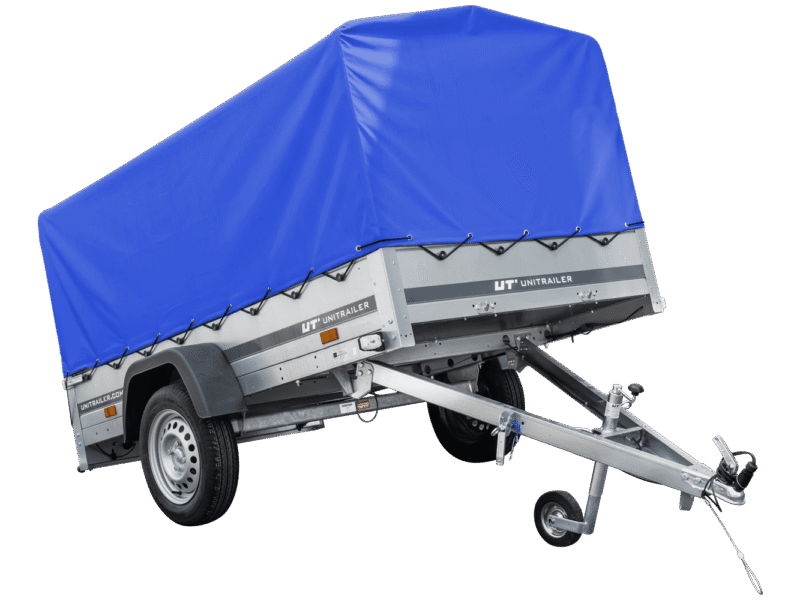 Auto Anhänger 230×125 Garden Trailer 230 KIPP Unitrailer 750 kg mit Stützrad, blauer Hochplane und Hochspriegel-Neu