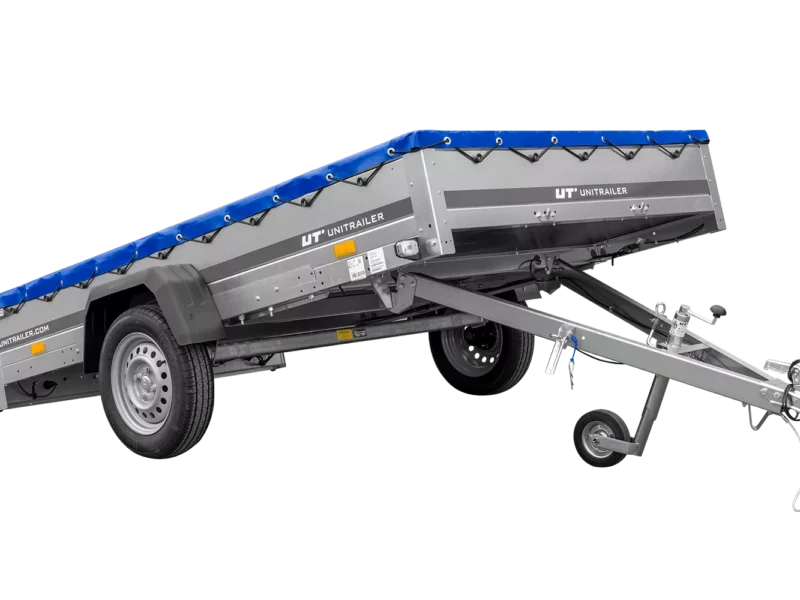Einachsanhänger 264×150 UNITRAILER GARDEN 265 KIPP mit einem Flachplanenträger und blauer Plane-Neu