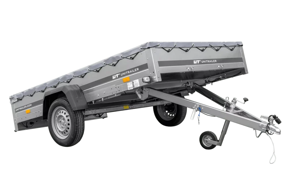 PKW Anhänger 264×150 Unitrailer Garden 265 KIPP mit Flachplanenträger und grauer Plane-Neu